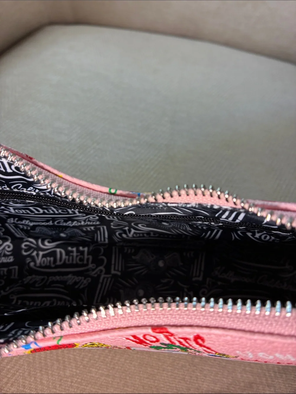 Von Dutch Pink Graphic Logo Shoulder Bag with Chain Detail
